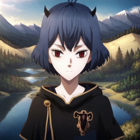 highres, sharp focus, pixiv masterpiece, highly detailed, 1girl, small_breasts,  nero-dress, Secre_Swallowtail_XL, source_anime, score_8_up, score_7_up, score_9,   <lora:Secre_Swallowtail_PonyXL_v19-000001:1> , eyelashes,  looking at viewer, headshot, forest, mountain, lake, from above, blackbull-cape
