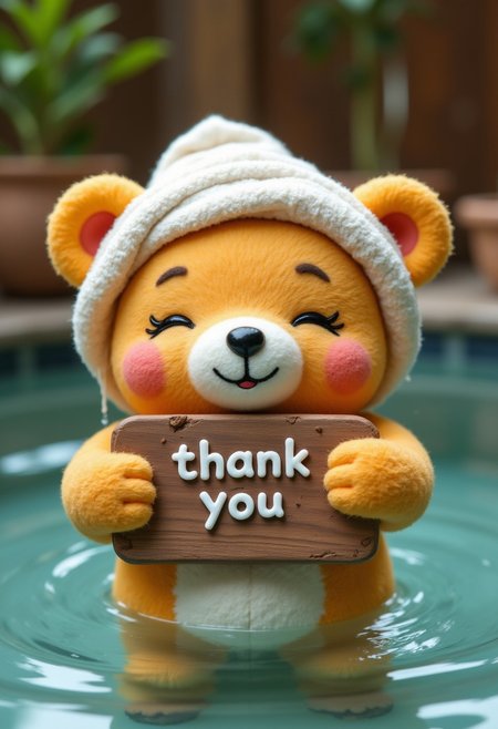 Cute bear doll, upper body, holding sign with both hands, sign says “thank you”, eyes closed, smiling, soaking in hot spring, relaxed, cheeks red, square of cloth folded over head, clay model image,