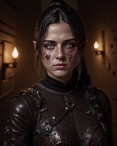 A highly detailed portrait of Sh4d0wh34rt, her expression intense and commanding. Her face is marked with streaks of blood, some dripping onto her neck, adding to her battle-hardened and ruthless appearance. She is wearing dark, weathered leather armor that shows signs of wear and dirt from countless encounters.

The background is a dimly lit stone corridor, its walls rough and ancient, evoking the atmosphere of a dungeon or a fortress. Flickering torches mounted on the walls cast a faint, uneven light, creating dramatic shadows across her sharp features and the textured surfaces of her armor. The composition is intimate, capturing every detail of her face, from the smudges of dirt and blood to the cold intensity of her gaze. The lighting emphasizes the contrast between her dark armor and the warm glow of the torches, enhancing the mood of the scene.

The image is shot using a high-end DSLR or mirrorless camera, such as a Canon EOS R5 or Nikon Z8, with a 50mm f/1.2 lens for shallow depth of field. The focus is razor-sharp on her face, with a soft bokeh effect blurring the background, drawing the viewer’s attention to her haunting and powerful presence.
