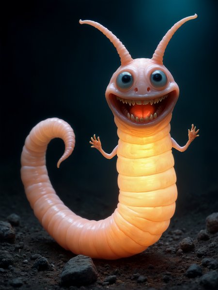 This mystical glowing worm might look like it smiles, but beware its teeth that can tare out your insides.

<lora:Aeristhal01_CE_XL_200-OT:0.6> aersthlCE_style
