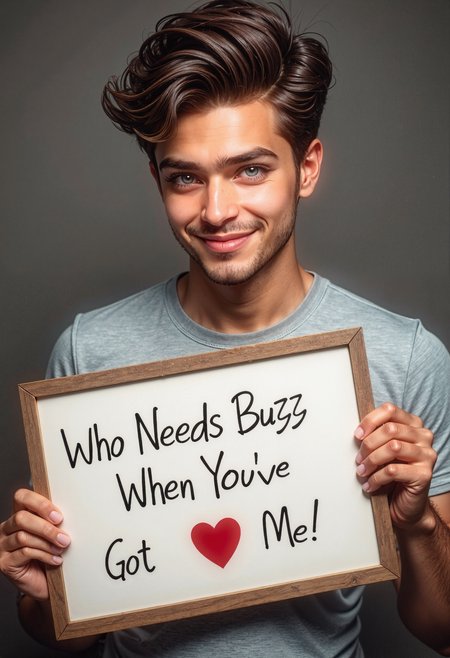 A very confident and handsome young man with dreamy small blue eyes, playfully holding a sign that says Who Needs Buzz When Youve Got Me! â¤ in a cheerful and inviting manner.