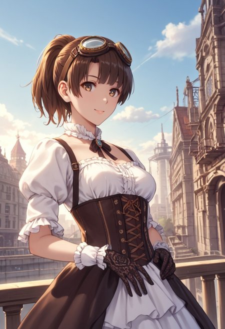 score_9, score_8_up, score_8, score_7_up, source_anime, 
1girl, katou megumi, Megumi <lora:KatoMegumi:1>,brown hair,katou megumi,brown eyes, medium breasts , short hair,  ponytail ,masterpiece, best quality, steampunk theme, victorian cityscape background, wearing a detailed steampunk dress with brass and leather accents, intricate corset, puffed sleeves, lace gloves, goggles resting on her head, holding a small pocket watch, standing near a steam-powered contraption, gears and pipes in the foreground, warm sepia tones, soft sunlight breaking through clouds, gentle smile, elegant pose, side-angle perspective, detailed textures, cinematic atmosphere, intricate mechanical elements