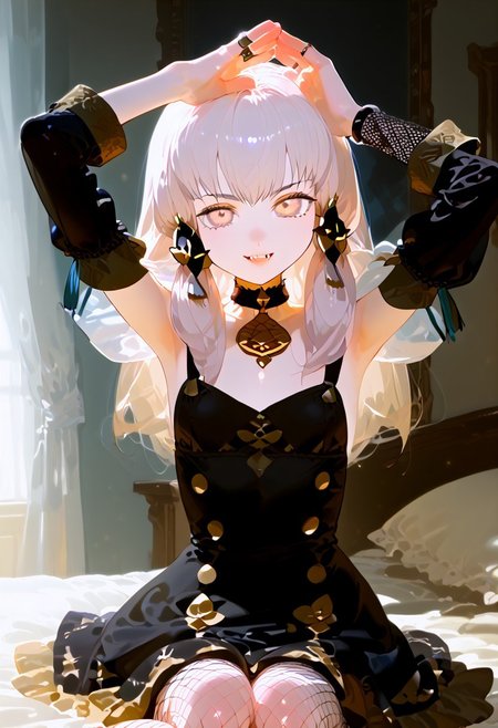 1girl, lysithea von ordelia, fire emblem three houses, ,, , , dainty hands, girly hands,, , , , solo, ,  BREAK score_9, source_anime, score_8_up, score_7_up, (cool colors:1.2), highly detailed, aesthetically pleasing,,  , petite,, detailed face, detailed eyes, thin waist, , , small breasts, , , detailed eyes, indoors, sitting, knees up, , detailed face, pink lips, pale skin, detailed skin, beautiful face, beautiful eyes, , dark lighting, moody, indoors, goth girl, goth aesthetic, fishnet, fishnet leggings, detached sleeves, messy bedroom, messy room, piercings, choker, rings, lowlight, dark ambience, warm color palette, dramatic lighting, vibrant colors, smiling, vampire fangs, arms up, blood on chin,