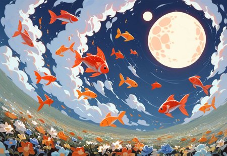 score_9, score_8_up, score_7_up, score_6_up,
nature background, flowers, flower, clouds, fields, flower field, night time, dark county side, moon in the sky, huge moon, glowing moon, white glow, horizon view, flat horizon 
flying fish, fish floating, fish swimming thriugh the sky, betta fish, multi colour fish,  swarm of fish, 30 fish, huge swarm of fish,fish ,Aquatic life, swarm of fish around a big fish, large goldfish, goldfish, large fish, dragon fish, dragon gold fish