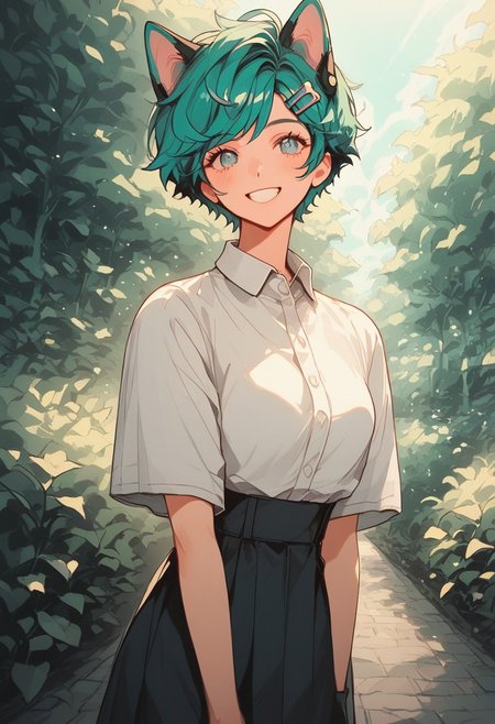 score_9, score_8_up, score_7_up, score_6_up, score_5_up, (art, (psychedelic), garden, sunlight, dog ears, metal floor, pink dolled up dress, hair ornament, 1girl, pixie cut, teal hair, green streak, blunt bang, smile, happy)
