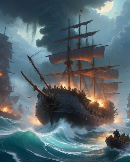 ethereal fantasy concept art of  anime artwork ghost ship boarding actions using grappling hook tornadoes against cursed navy galleons manned by skeleton marine regiments, Art painting by Gerhard Richter and wlop , featured on Alex Ross,
<lora:Wild_Anime_2025:0.3>,
<lora:extremely_detailed:0.7> extremely detailed ,
<lora:add-detail-xl:0.7>,
<lora:ppw_v7_animv4_1_r2:0.15>,
<lora:Vivid Midjourney mimic - XL SDXL v2.0:0.5> . anime style, key visual, vibrant, studio anime,  highly detailed . magnificent, celestial, ethereal, painterly, epic, majestic, magical, fantasy art, cover art, dreamy