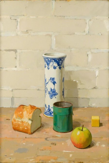 euanuglow1 painting. 
A still life scene with half a loaf of bread, a green metal can, and a small yellow cube on a wooden surface. To the right of the can is a yellow apple. Behind these objects is a tall white vase with blue floral patterns and a brick wall. <lora:euanuglow1_cap_d6aee11:1.0><lora:845531640408206019:0>
