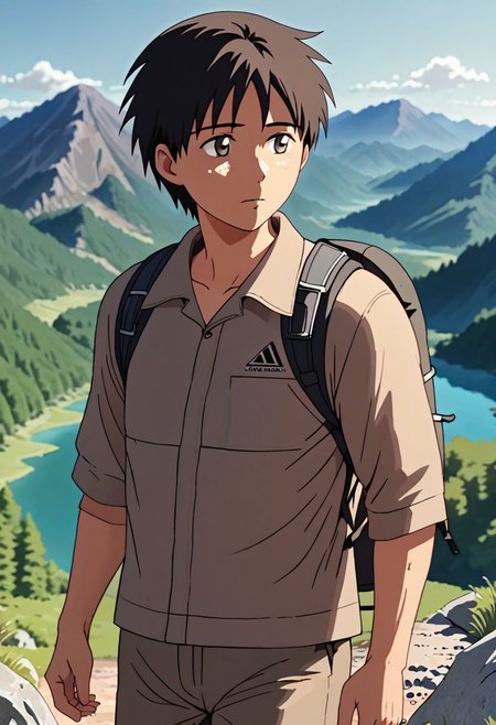 high resolution, solo, best quality, 1Boy, Takaki Toono, Brownish Hair, Brown Eyes, landscape, looking away, high mountain, hiking gear, shallow depth of field, OverallDetail