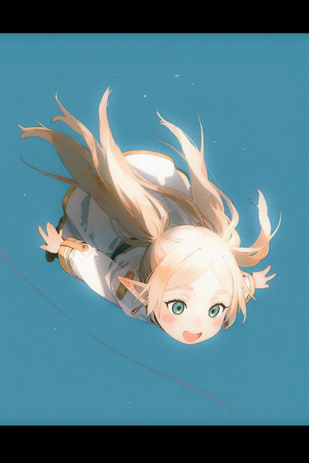 (by
ushiro muki, akai sashimi, kukka
:1.25), frieren, solo, 
 masterpiece,best quality,absurdres,very aesthetic,highres,
cute, (chibi only:1.2), happy, jumping, midair, blonde hair, long hair, floating hair, leaning forward, upper teeth only, top-down bottom-up, 
blush stickers,  flying, spread arms, lighting particles, (string of fate floating around:1.2), 
blue background, simple background, 
<lora:nhl-004:0.75> nhl-004, <lora:nhl-002-nai:0.65>  nhl-002,
