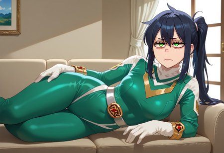 score_9, score_8_up, score_7_up, BREAK,
1girl, solo, sentaisaintforce, green bodysuit, silver belt, white gloves, spandex, m-shaped chest symbol, helmet removed, no headwear, reneegr, black hair, ponytail, sidelocks, long hair, green eyes, jitome, (bags under eyes:1.5), frown, annoyed, tired, looking at viewer, on side, hand on hip, indoors, room, sofa, Expressiveh