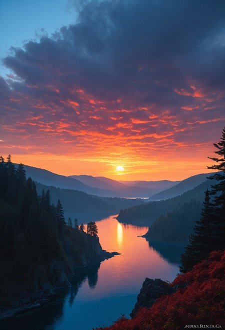 <lora:oil_pastel:1.00> of a cinematic photo <lora:juggernaut_cinematic:1.00> , prophetic  <lora:more_art:0.40><lora:faetastic:0.25><lora:midjourney:0.15> no humans, sunset, red clouds, forest, lake