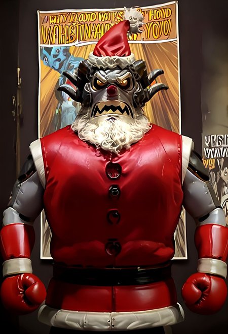 r0b0t_s4nta_c1aus, robot santa claus vs krampus, robot santa on the left, and krampus on the right,dramatic face-off, intense boxing poster, epic anime movie poster