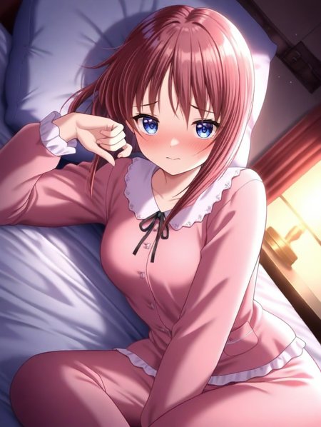 masterpiece,best quality,amazing quality,very aesthetic,absurdres,newest,scenery,<lora:Ootori Yuuka_ilxl_v1-000010:1>,1girl,solo,short hair,blue eyes,red hair,shy,ootori yuuka,shy,looking at viewer,lying, on bed,pajamas,