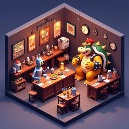 di0rama. isometric illustration of a futuristic pub where Bender from Futurama and Bowser from Super Mario are getting drunk.