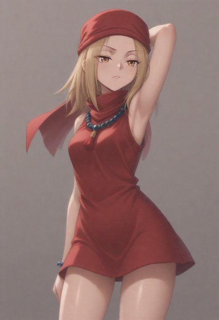 masterpiece, best quality, amazing quality,,, shiny skin,,,,,kojiann, short hair, blonde hair, brown eyes, short dress, sleeveless, bead necklace, red bandana, bracelet, <lora:Anna IXL 2-000013:1>