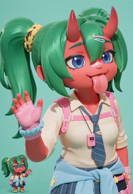 high quality, masterpiece, intricate details, absuredres, (licking pose,chibi,tongue,waving,upper body:1.4), fortnite_nemia, 1girl, solo, green hair, twintails, ponytail, long hair, bangs, hair between eyes, hair over one eye, ears, horns, oni horns, single horn, red skin, pink skin, blue eyes, parted lips, bandaid, bandaid on nose, bandaid on thighs, breasts, shirt, school uniform, necktie, plaid skirt, thighhighs, socks, loose socks, boots, jewelry, earrings, bracelet, charm, belt, gloves, fingerless gloves, knee pads, leg warmers, collarbone, solo, colored skin, hair ornament, hairclip, scrunchie, holster, striped necktie, clothes around waist, oni, plaid, charm (object), blue necktie, sweater around waist, animal print, heart, shoes, star (symbol), thigh holster,  <lora:Fortnite_Nemia_Demonically_Cute_Set_ILXL_E41_16_DIM:0.8>, <lora:dmd2_sdxl_4step_lora:1>, <lora:licking pose_noob11-xl-e3:1>