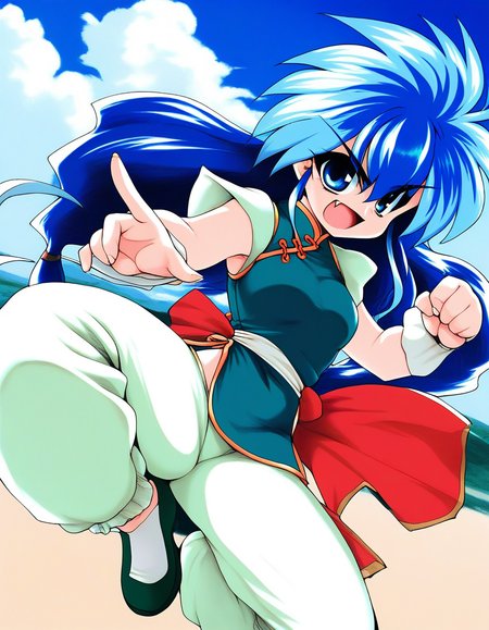 score_9, score_8_up, score_7_up, source_anime, rating_explicit, BREAK  <lora:Ryuho_QOD_XL:1>  Ryuho_QOD, blue hair, blue eyes, light blue hair, long hair, small breasts, multicolored hair, two-tone hair, 
1girl, solo,  chinese clothes, 1990s (style), pants, fang, open mouth,ãwhite pants, fighting stance, shoes, green China dress,
sky, day,