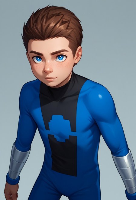 score_9, score_8_up, score_7_up, highly detailed, cute boy, 1boy, solo, young, Jack Power, Blue Eyes, Brown Hair, Freckles, Mass Master, Blue and Black Bodysuit, excessive fog