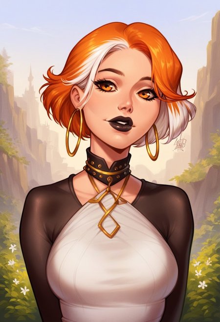 score_9, score_8_up, score_7_up, score_6_up, score_5_up,  1 girl, cute, beautiful, perfecteyes,
BREAK,
orange eyes, orange hair, white hair, two tone hair, short hair, slutty clothing, seductive, perfect medium breasts, flirty, black lips, perfect lips, gold chocker, hoop earrings, front view, scenery, portrait, upper body, overalldetail