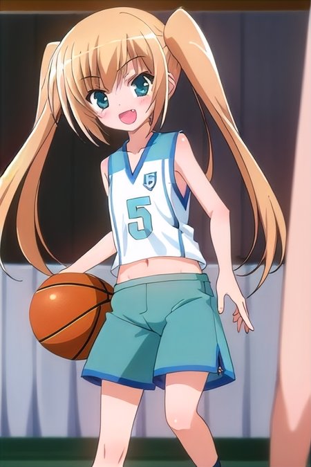(1girl), masterpiece, best quality, absurdres, cute, extremely detailed face, perfect lighting, (bedroom), misawa maho, twintails, fang, basketball uniform, shorts,  navel, basketball, running, <lora:misawa_maho:0.8>,