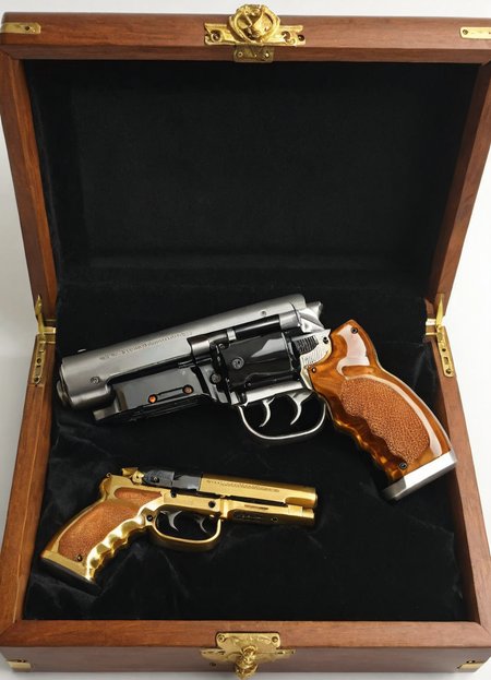 a bldrnrblstr gun gift wrapped in a nice and elegant wooden box wrapped in velvet , golden decoration, shiny and new, highly polished,
 <lora:Blade_Runner_Blaster_SDXL:0.8>