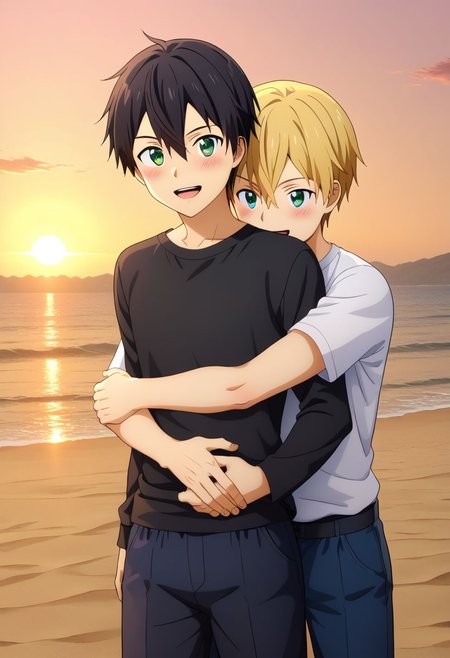 2boys, :d, bangs, open mouth, smile,(hug from behind), sunset, white shirt, yaoi, <lora:HUGGY:0.7>
Kazuto Kirigaya, SAO, black hair, black pants, black shirt, white socks, and
euego, green eyes,blonde hair,hair between eyes, blue shirt, blue pants, socks, green eyes, blush