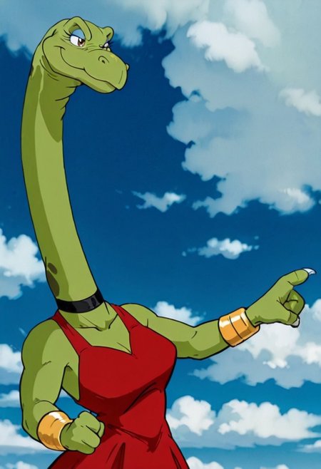 score_9, score_8 up, score_7, 8K, In'ei, traditional animation cel, perfect depth of field shot, beautiful, sharp focus, crisp details, 90s animation, masterclass animation, photographic realism, source_anime, 

green female brontosaurus, red slip-dress, dark gray leggings/pantyhose, gold bracelets, black choker, brown eyes. feminine face, feminine eyes, eyeshadow, knowing smile, cute, gentle expression. 

exterior, detailed anime sky with clouds, dynamic action, bent leg, nature, in the style of the cartoon Dinosaucers, 80s cartoon, punch, black linework with flat anime color, heroic pose, smiling, three toes per foot