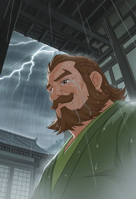 1boy, portrait, east asian architecture, smile, plump, rain, wet hair, streaming tears, heartbroken, sad, hallway, dutch angle, from below, sky, from side, crying with eyes open, fog, thunder, 
BREAK
<lora:Ximen_Hao_from_Shenbingxiaojiang_v1.0:1>
ximenhao, mature male, brown hair, brown eyes, thick mustache, beard, long sideburns, thick eyebrows,
BREAK
green shirt,
BREAK
very awa, masterpiece, best quality, absurdres, newest, perfect quality, detailed background, intricate details,