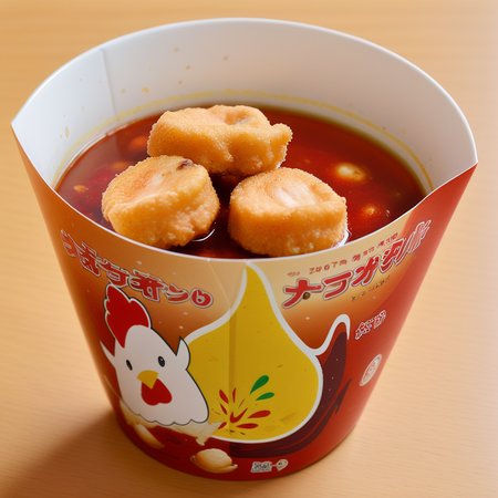 A photorealistic image of a spicy hot pot brimming with chicken nuggets. The broth should be rich and red, indicating its spicy nature, with visible chili peppers and Sichuan peppercorns. The chicken nuggets should be fully submerged, absorbing the flavors of the broth. Steam should be rising from the hot pot, and the surrounding environment should suggest a traditional or modern hot pot restaurant setting. The lighting should emphasize the vibrant colors of the broth and the texture of the chicken nuggets, making the dish look inviting and mouth-watering, <lora:lawsonkara:0.75>