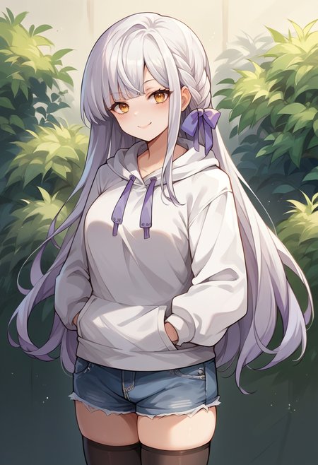 score_9, score_8_up, source_anime, 1girl, solo, KonKanaho, white hair, long hair, braid, hair ribbon, purple ribbon, white hoodie, denim shorts, black thighhighs, skindentation, hands in pockets, outdoors, smile, smug, <lora:ChamKonKanahoPonyXL:1>