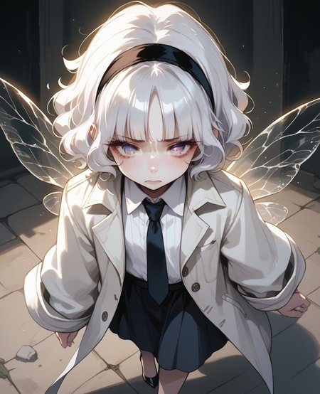 score_9, score_8_up, score_7_up, score_6_up, 1girl, solo, perfect hand, flat chest, (pale skin:1.2), (tall:1.1), insect wings, curly_hair, white hair, short hair, high ponytail, blunt bangs, light lavender eyes, heterochromia, hairband, hair_bow, necktie, silver trenchcoat, high heels, from_above, neutral_pose, embarrassed