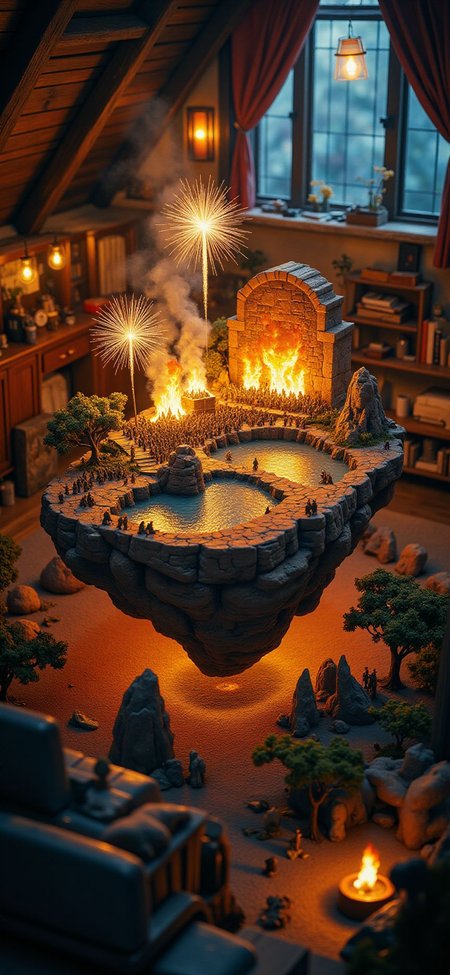 (indoor,very wide isometric view,tilt-shift lens:1.6), (windowless,fna_style,miniature,miniature,diorama,miniature,diorama,PVC,plastic:2),sunset desert,ruins,led with fiber lights,fireworks,concert with crowded  at (floating island,levitating  island:1.5) on (table:2) at (attic:2.5)   <lora:Diorama_Flux:1>
<lora:Fantasy_Novel_Art_Style:1>