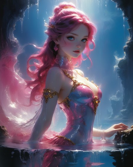 full body air elemental of transparent water with a blue and white tinge, (reflected light:1.5), golden eyes, fountain with splashing water, (chiaroscuro:1.4), hyper realistic photo, hot pink, bioluminescence, transparency, <lora:xl_more_art-full_v1:0.5> <lora:add-detail-xl:0.75> <lora:MJ52:0.4>,   <lora:John Berkey Style:0.7 > John Berkey Style page, disney princess