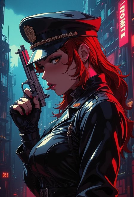 An Acrylic style painting that is expressive, gives it a dynamic and emotional quality. Anime art of a stylized portrait of a female cop in a leather suit. The suit creates a dramatic and surreal effect. She is holding a gun up to her lips. Side view, cowboy shot. The woman has a fiery aesthetic, complimented by her red hair. Anime art of woman draped in shadows with a lighting that enhances her unique features.
cyber city setting, with buildings in the background