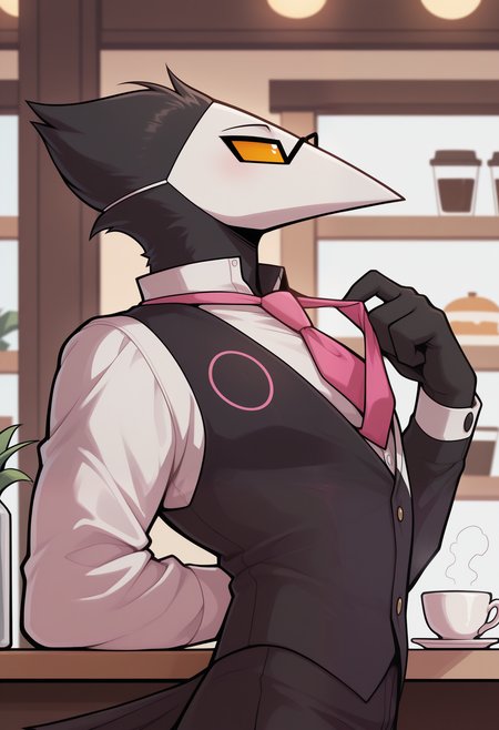 masterpiece,best quality,amazing quality, 1boy, solo, sw4tch, bird boy, mask, pink tie, heterochromatic glasses, black tailcoat, close up, side angle, adjusting tie,

cafe,