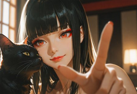 masterpiece, ultra-HD, cinematic lighting, photorealistic, impressionism (1.5), high detail, depth of field, (blurred background), (dramatic lighting),masterpiece, best quality, usnr,very aesthetic,8k,half close-up, sexy pose, long black hair, straight hair,blunt bangs, red eye makeup, asian girl, small head, pretty girl, korean girl, 
((slim body)), closeup,smiling, outstretched arm, finger touching cat, black cat