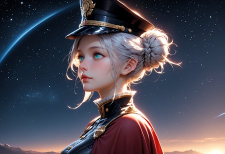 ASCII, photorealistic, OLED, score_9, score_8_up, score_7_up, score_6_up, 1girl, extremely detailed photo of a beautiful woman, nordish woman, 25 yo, round face, cheekbones, wide chin, wide lower jaw, small_nose, small eyebrows, small eyes, turquoise eyes, white hair, strands of hair falling over the face, hair tied into a bun at the back, black military cap, black tight-fitting military jacket with gold buttons, black leggings, red cape with gold fringed shoulder pads, in the galaxy, in front of a planet and the cosmos, side view, slying in the galaxy, raise her arms, dark blue sky, <lora:Expressive_H:0.5> ExpressiveH,<lora:Sinozick_Style_XL_Pony:0.2>, sinozick style, everything is shrouded in white mist, starsky background by jed-cosmos style, dark blue star sky by night, giant grey planet in background behind woman <lora:Jed-Cosmos-sdxl:0.4> Jed-Cosmos, full body