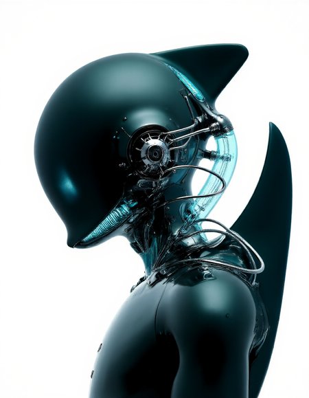 4byss,Create a close-up portrait of a sleek, aquatic humanoid inspired by a shark, shown in side profile with a streamlined, synthetic body. The figure has smooth, metallic skin in hues of gunmetal and dark teal, with translucent gill slits along the neck that softly pulse with bioluminescent blue. A subtle dorsal fin rises from the back of the head, integrating seamlessly with sleek mechanical components. Fine cables run along the spine, intertwined with faint glowing accents. The creature’s smooth, angular features contrast sharply against a bright white background, highlighting the futuristic, streamlined design.