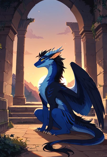 score_9, score_8_up, score_8, dragon,furred dragon,blue fur,black mane,feral dragon,solo,female,
ruin city,sunset,yellow eyes,sitting,wings,