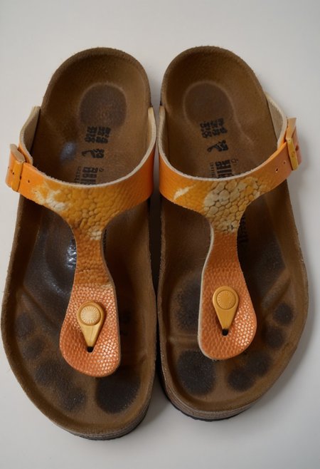 still_life, no_humans, simple_background, white_background, gizeh, gizehunworn, close-up, footwear_focus, patterned, orange-black-white, worn_shoes, worn_insoles, smelly_shoes