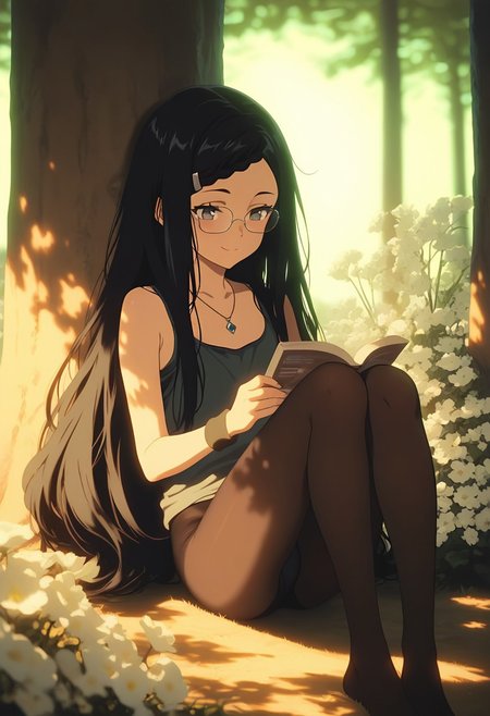 masterpiece, best quality, amazing quality, LDSCH, aesthetic, dynamic lighting, volumetric lighting, ambient light, soft light, solo, 1girl, japanese, tank_top, sitting_in_tree, dappled_sunlight, reading, (light_smile:0.85), square glasses, wristband, very_long_hair, braided_bangs, pendant, slim_legs, flat_chest, black_pantyhose, legs_folded, complementary_colors, scenery, sidelighting, black_hair, dogwood_\(flower\), strap_on, masterpiece, best quality, good quality, high detail