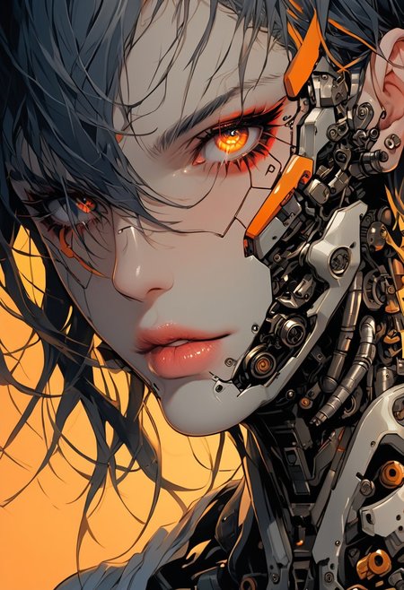 This image depicts a striking, highly detailed portrayal of a humanoid cyborg, full body, blending human features with futuristic, mechanical elements. The face of the cyborg is primarily human in appearance, with soft, natural-looking lips and skin that has a metallic, bluish tint. However, mechanical components are integrated into the face, particularly around the eye and temple areas, where circuits and metal plates are fused with organic elements. her whole body made of machinery and organic body parts mixed, intricated body and machine detail, The character's right eye glows with an intense, right eye organic and left eye is mechanical, fiery light, suggesting advanced cybernetic technology or an inner power source. The surrounding machinery on the face is intricately detailed, featuring visible wires, bolts, and rusted textures, adding a gritty, industrial feel to the artwork. Some of the mechanical parts appear worn, with thin streams of oil or fluid dripping down, adding to the sense of age or wear. The overall color palette features metallic blues, copper, and orange highlights, contributing to a high-tech yet dystopian atmosphere. The background is dark, with faintly glowing circuit-like designs, enhancing the futuristic, cyberpunk aesthetic. This cyborg character appears both powerful and eerie, blending beauty with a cold, machine-like nature<lora:FluxMythP0rtr4itStyle:0.7> mythp0rt <lora:ARTifacts:0.8>