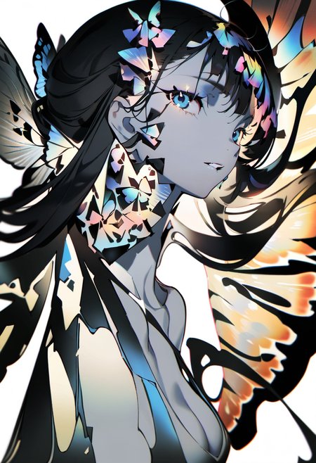 masterpiece, best quality, <lora:yoneyamaiXL_ANI31_lokr_V4302:0.95>  solo, black background, portrait, black hair, parted lips, wings, 1girl, simple background, insect wings, long hair, looking at viewer, colored skin, blue eyes, butterfly wings, from side, shards