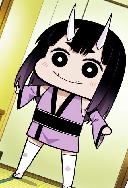 best quality, masterpiece, anime screencap, anime coloring, ultra detailed, source_anime, intricate details, perfect anatomy, 1girl, solo, looking at viewer, from front,
sdotaru, black eyes, long hair, bangs, horns, chibi, oni horns, oni, fangs, japanese clothes, sash, bare shoulders, kimono, obi, sleeveless kimono, purple kimono, detached sleeves, thighhighs, foot, barefoot, jewelry, zettai ryouiki, legs, japanese clothes, oni, facing viewer, 
dynamic angle, dynamic pose,