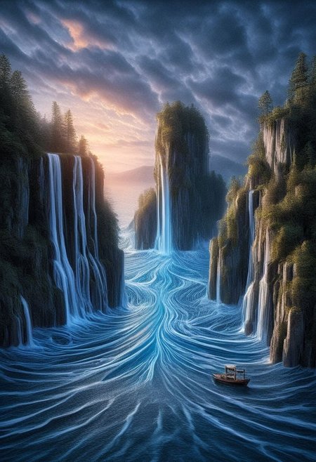 "Create a hyper-realistic photographic image illustrating a surreal and imaginary scene that integrates elements of water. Picture a colossal waterfall cascading from the sky, merging with a tranquil ocean that has floating islands made of translucent crystals. From the depths of the water emerges a giant, glowing jellyfish, its tentacles weaving through the air, casting iridescent lights. The scene should blend the fluidity of water with otherworldly, dreamlike elements, adding an ethereal, magical atmosphere. The image should have high contrast, vibrant colors, and be shot with a wide-angle lens to capture the grandeur of the scene. Style it with a mix of fantasy and realism, emphasizing the reflections and ripples in the water."