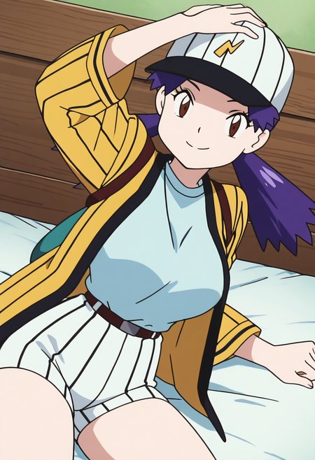 masterpiece, best quality, solo, curvy, beautiful eyes, aged up, large breasts, narrow waist, wide hips, 1girl, solo, smile, looking at viewer, zzCasey, brown eyes, blue hair, twintails,   baseball cap, yellow jacket, open jacket, stripes, wide sleeves, white shorts, striped shorts  <lora:CaseyBaseballBeauty_IXL:1.0>, laying on side, one arm supporting head, relaxed, looking at viewer,
