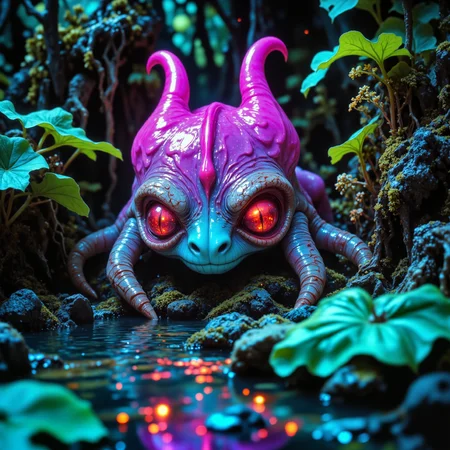 mystical and wonderful scenery on a distant world, ultra-high-resolution, award-winning macro photo, short depth of field, hyperrealistic, high-resolution, dim lighting, twilight, bioluminescence, subsurface scattering, fractal art, the faint "gross worbleflirtz" is a bewildering and rare biomorphic beast, it thrives among the primordial flora in the peatlands on planet "new ooglebeard," perfectly attuned to the slow, dreamlike rhythm of its mist-laden world, the peatlands themselves are an otherworldly labyrinth of towering, gnarled trees with roots that stretch and twist above the water like skeletal fingers. the air is thick with the heady scent of blooming sludgeflowers and the distant, rhythmic croon of unseen creatures lurking in the gloom. above, the planetâs dim, violet sun casts an ethereal, dappled glow, causing the waterâs surface to glisten like polished obsidian, creature focus, very aesthetic, extremely detailed, ultra high resolution, 8k, 4k, harmonising colors, eggshell white and royal purple and teal and ebony black and crimson and navy blue, ovg, aidmafluxpro1.1, arsmoviestill, 80s fantasy movie still, <lora:flux_pro1.1_detailer-v0.3-flux-by_aidma:0.6> <lora:style-80s_fantasy_movie-v3-flux-by_arsmachina:0.76>