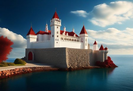 a (white stonework castle with red roofs) on a (rock spire) in a bay, (stone pier, Mole, Jetty), battlement, crenellations, Machicolations, rough sea, blue sky, clouds, sun beams, best quality, high Contrast,  masterpiece, realistic, photo-realistic, amazing, finely detail, ultra-detailed, highres, extremely detailed, 8k wallpaper, wizz style