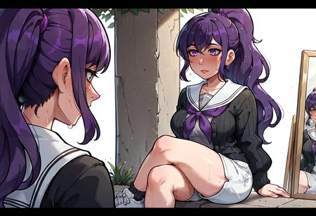 IllustriousQual, <lora:StS-Illustrious-Detail-Slider-v1.0:2> <lora:cfg_scale_boost:0.3> <lora:StS_Age_Slider_Illustrious_v1:3>,detailed_background,outdoors,karyln,white footwear,long sleeves,sneakers,white shorts,mirror,1girl,school uniform,shorts,twintails,ponytail,shirt,crossed bangs,black cardigan,knife,white shirt,neckerchief,highres,grey serafuku,long hair,white sneakers,purple eyes,asahina mafuyu,ribbed cardigan,looking at mirror,very long hair,closed mouth,white sailor collar,sitting