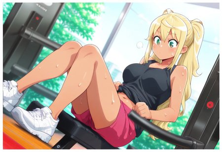 Score 9, Score 8, Score 7, Masterpiece, High Quality, Good Quality, Latest Model, High Resolution, Absurd, ((White Border)), Cinematic Lighting, High Contrast (Rim Light: 0.6), Dynamic Vision, <lora:illustriousXL_stabilizer_v1.23:0.3> <lora:NOOB_vp1_detailer_by_volnovik_v1:0.3> <lora:ponyv6_noobE11_2_adamW-000017:0.45> <lora:checkpoint-e18_s306:1.5> <lora:haiz_ai_illu:0.7>, Vibrant Colors, Bright Color, Dynamic Pose, Dynamic Angle, Dynamic Composition, Dynamic Colors, Colorful Image, High Contrast, Saturated Colors, Thick Line, Bright Colors, Good Lighting, Color Saturation, masterpiece, best quality, source_hentai, medium shot, 
Sakur4_H1biki, hibiki_sakura,hibiki_sakura, an anime girl,  1girl, solo, long hair, breasts,,blonde hair, twintails, closed mouth, green eyes, pleated skirt, indoor, dark skin,dark-skinned female,gyaru,
At the gym, sitting on a weight plate, lifting weights, black top, pink shorts, white sneakers, sweating, bare shoulders, bare arms, straining, hot, dumbbells, navel, breasts peeking out, NSFW, uncensored, explicit